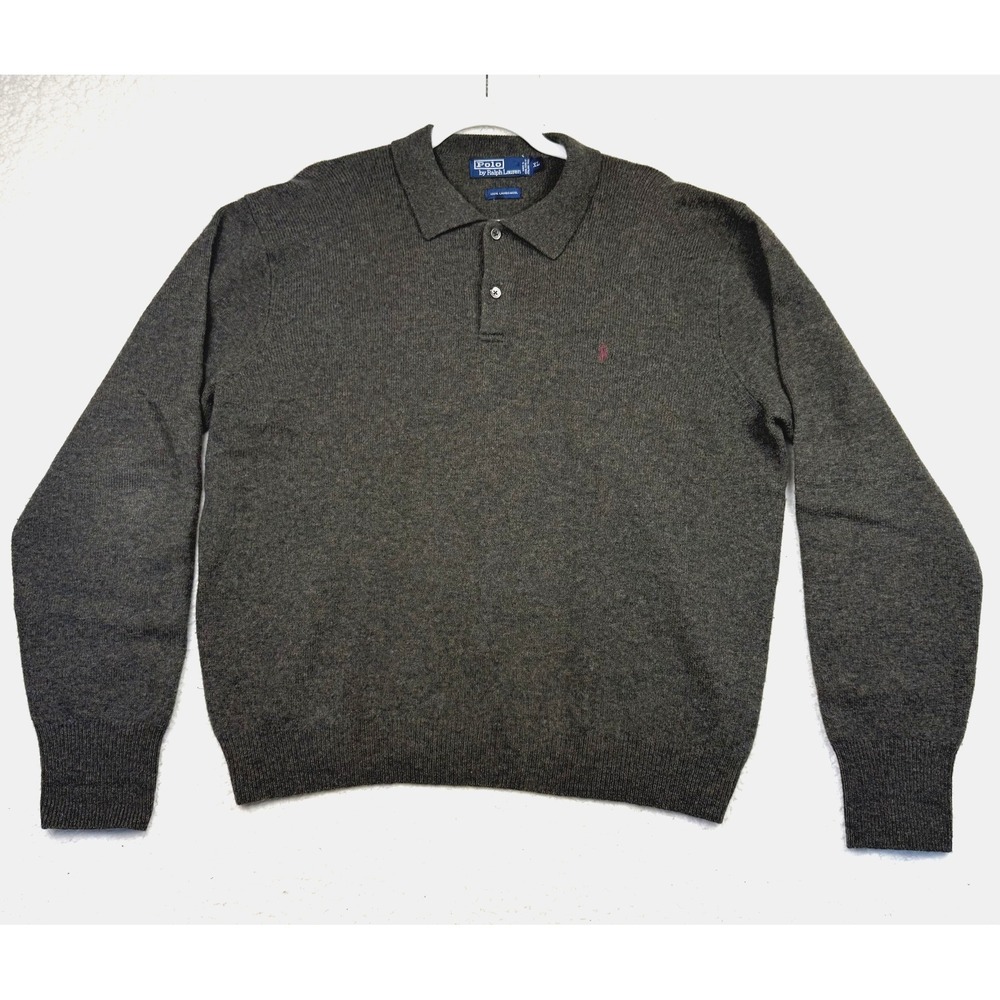 Polo Ralph Lauren Sweater Mens XL Brown Heather Lambswool Polo Collar Red Pony‎